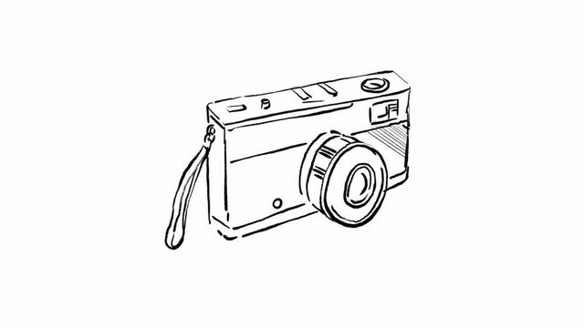 Time lapse video 2D animation of a drawing of a vintage 35mm film camera on white screen in HD high definition.