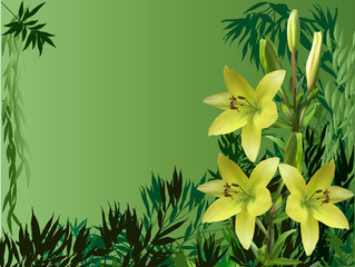 yellow lilies on dark green bamboo background