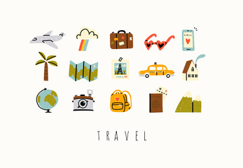 Various travel, vacation or holiday icons and logos. Cute hand drawn trendy vector illustrations. Cartoon style. Flat design. Naive art. All elements are isolated © Dariia