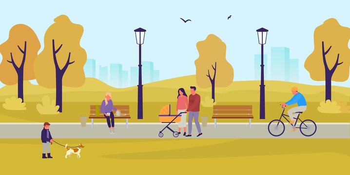 Park in the fall. People walk in the autumn park. A boy is playing with dog. Couple with stroller in the park. Girl sitting on bench with smartphone. Guy rides bicycle. Flat style vector illustration