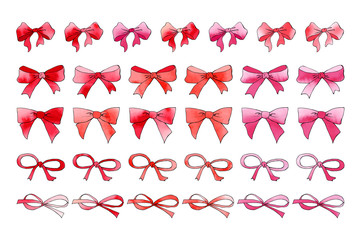 Red ribon tied bow collection with watercolor texture. Holiday design. For postcards, greetings, cards, logo. Hand drawn package and box decoration. Birthday, anniversary, Valentine, Christmas gift.  - 294340735