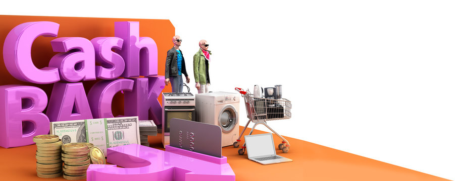Cash back concept background big letters on tematic podium 3d render image on white