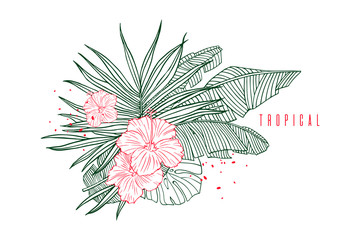 Tropical pattern with palm, banana leaves and hibiscus flower. Beach vacation, label, outline illustrations for tourism and travel industry. Hand drawn tropical plants.
