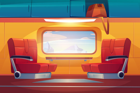 Train Inside Interior, Empty Railway Car With Comfortable Seats Near Large Window With Beautiful Mountain Landscape View And Luggage Storage Above. Commuter Transport. Cartoon Vector Illustration