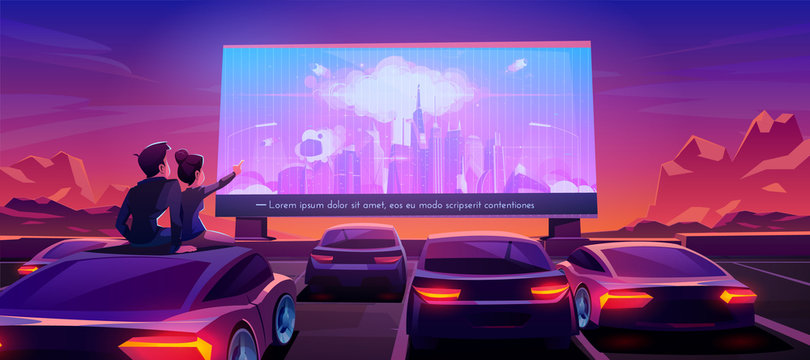 Couple at car cinema. Romantic dating in drive-in theater with automobiles stand in open air parking at night. Man and woman sitting on auto roof watching thriller movie. Cartoon vector illustration
