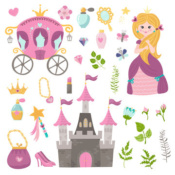 Vector set of beautiful princess, castle, carriage and accessories.