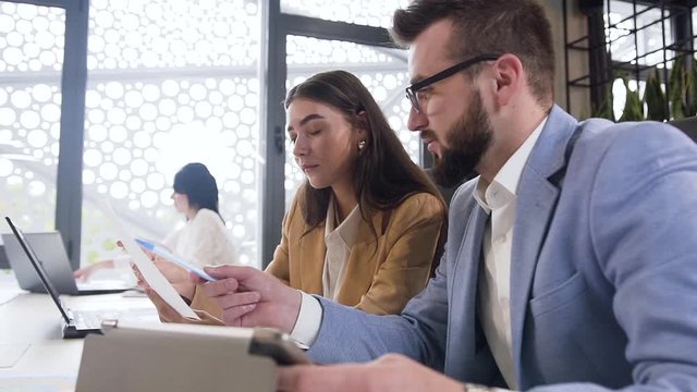 Attractive long-haired woman and bearded man working together in business team and comparing datas from the paper report and laptop in the meeting room