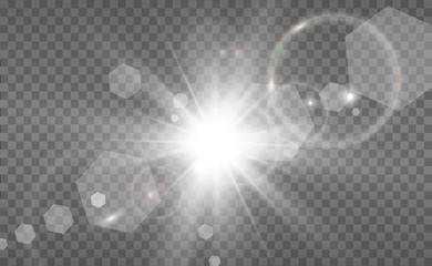 White beautiful light explodes with a transparent explosion. Vector, bright illustration for perfect effect with sparkles. Bright Star. Transparent shine of the gloss gradient, bright flash.