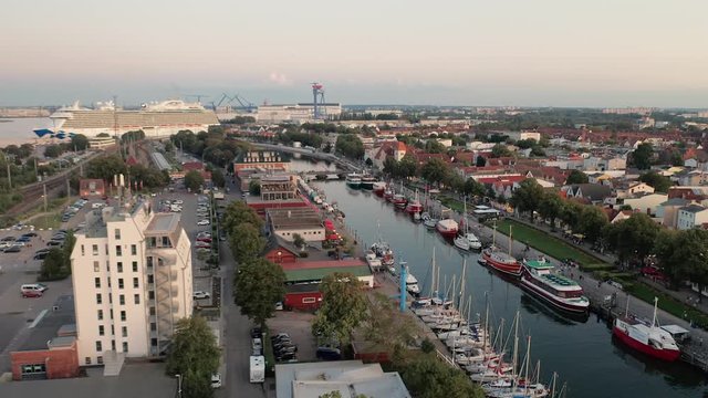 Aerial pan of "Alter Strom" in Warnem&uuml;nde Rostock Germany, 4k