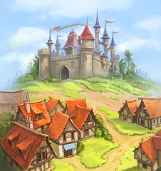 A medieval castle and a small town on a hill. Fortress, Europe, Middle Ages, Renaissance, Baroque, feudal lords, knights, old city, streets, roofs, tiles, history.