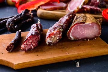 Big set with sausages. Many kinds of sausage