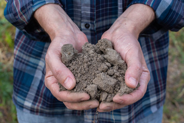 Farmer hands with soil in the palms close-up , man hands with fertile soil