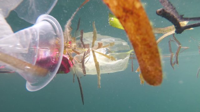 Plastic bags, straws and cups pollution underwater in sea
