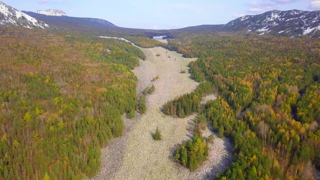 Taganay National Park in Russia in Autumn. Aerial View of "Big Stone River", Biggest Deposit Occurrence of Aventurine Quartz