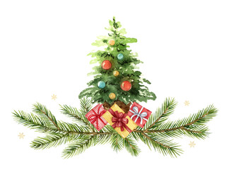 Watercolor vector green spruce arrangement with a green Christmas tree, gifts and branches.
