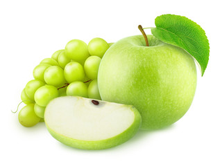 Cutted apple with grape isolated on a white background.