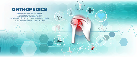Medical treatment for orthopedic traumatology. The doctor gives treatment for a patient who has a shoulder bone injury. Orthopedics medical molecule Hexagon.Vector illustration