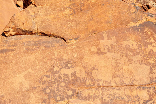 Detail of the prehistoric rock paintings of the San People in Western Namibia, near Twyfelfontein.