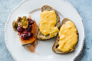 Scrambled Eggs with Bread Slice, Cheese and Jam / Marmalade.