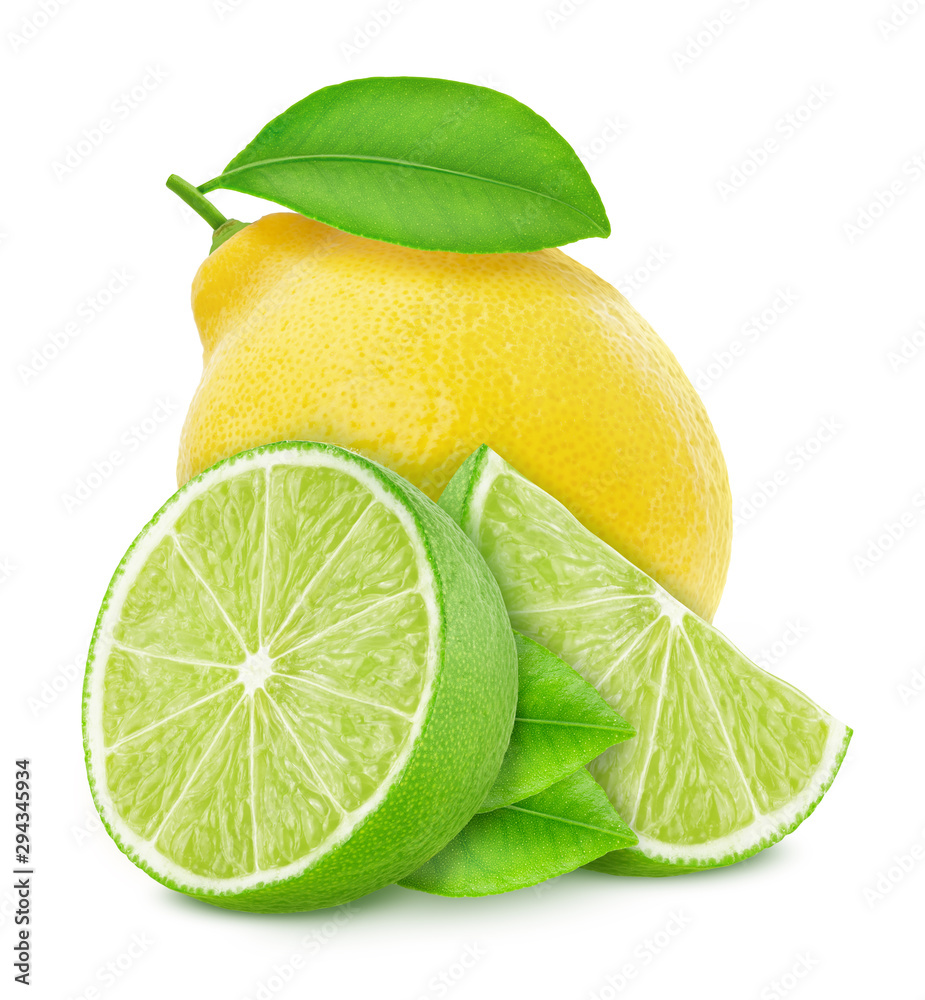 Wall mural composition with citrus fruits - lime and lemon isolated on a white background in full depth of fiel