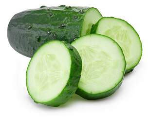 Cucumber and slices isolated on white background. Cucumber Clipping Path