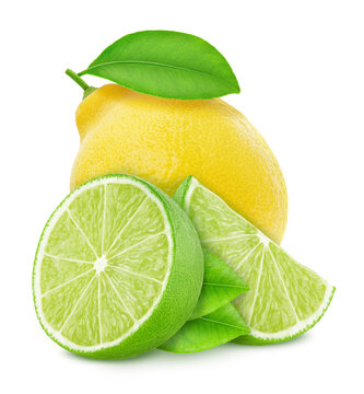 Composition with citrus fruits - lime and lemon isolated on a white background in full depth of field with clipping path.