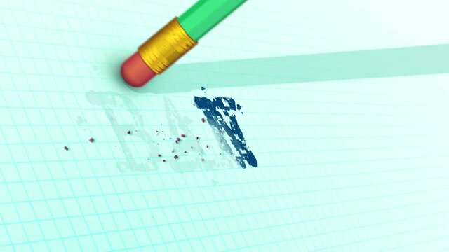 An eraser on a pencil is erasing typed word BAN from a checkered sheet. 3d rendering.