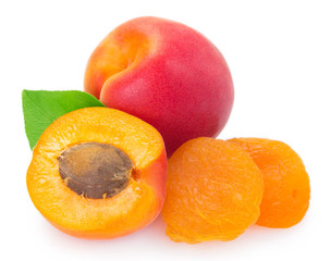 Fresh and dried apricot on white background