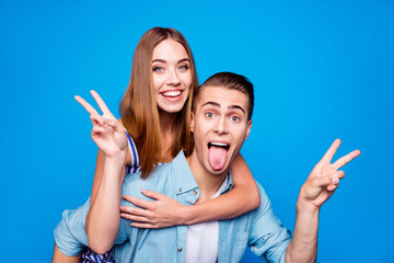 Close-up portrait of two nice attractive crazy foolish cheerful cheery glad positive people...