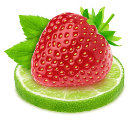Composition with lime and strawberry isolated on a white background with clipping path. Variation on a Mojito theme.