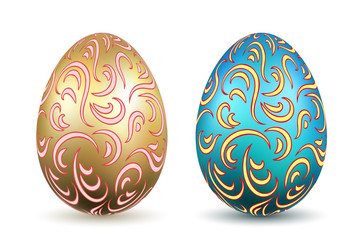 Easter egg 3D icons. Ornate gold color eggs set, isolated white background. Swirl realistic design, decoration Happy Easter celebration. Holiday ornamental element. Spring pattern. Vector illustration