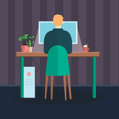 Young man working at his office. Vector flat style illustration