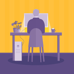 Young man working at his office. Vector flat style illustration