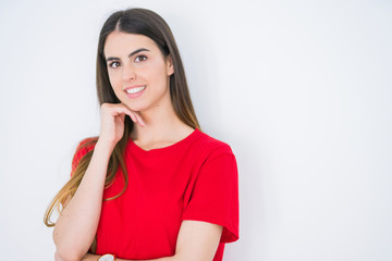 Beautiful young woman smiling cheerful over white isolated background