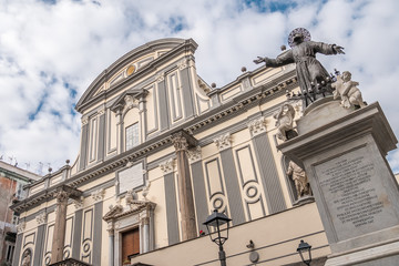View of the facade of Sait Paul Church, Basilico of San Paolo Maggiore, in Naples, Campania, Italy.
