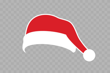 Santa Claus hat flat. Realistic Santa Claus hat isolated transparent background Red white funny cap silhouette. Merry Christmas clothes cartoon design. New year decoration costume. Vector illustration