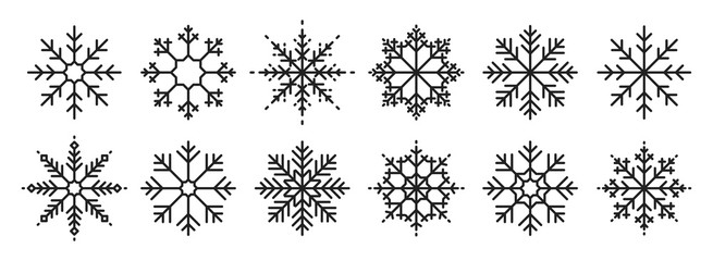 Snowflakes big set icons. Flake crystal silhouette collection. Happy new year, xmas, christmas. Snow, holiday, cold weather, frost. Winter design elements. Vector illustration.