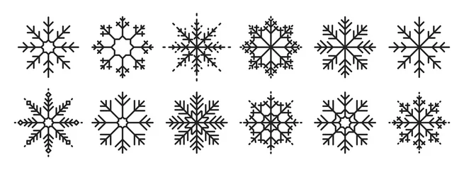 Fotobehang Snowflakes big set icons. Flake crystal silhouette collection. Happy new year, xmas, christmas. Snow, holiday, cold weather, frost. Winter design elements. Vector illustration. © iiierlok_xolms