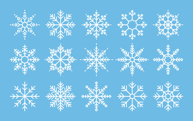 Snowflakes big set icons. Flake crystal silhouette collection. Happy new year, xmas, christmas. Snow, holiday, cold weather, frost. Winter design elements. Vector illustration.