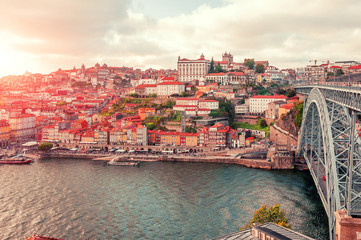 Fototapeta premium Porto, Portugal old town ribeira with colorful houses, Douro river.