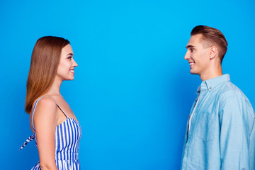 Profile side view portrait of her she his he two nice attractive charming lovely content cheerful...