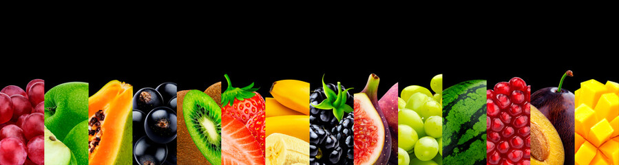 Collage of fruits isolated on black background with copy space