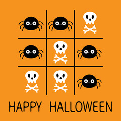 Happy Halloween. Tic tac toe game with spider and skull bones. Cute cartoon kawaii funny character set. Greeting card. Flat design. Orange background. Isolated.