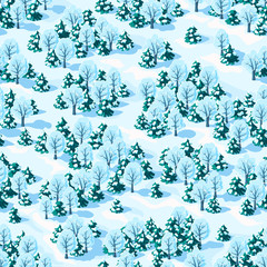 Seamless vector landscape of winter mixed forest with coniferous and deciduous trees, isometric view