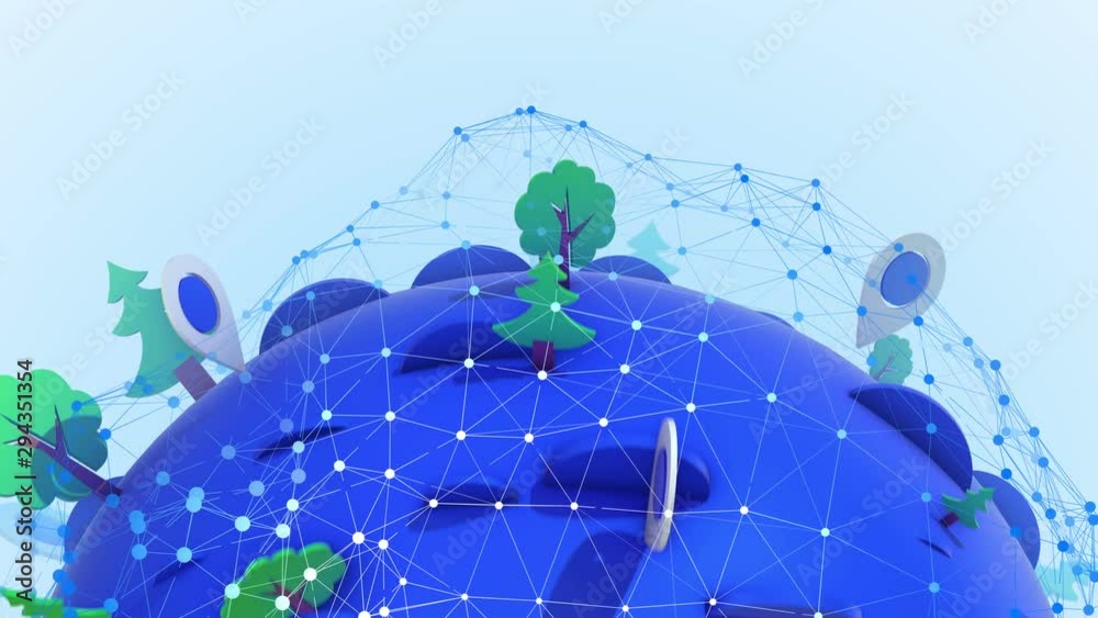 Poster simple 3d rendering of world map with pins and trees on a light blue background. some space for a te