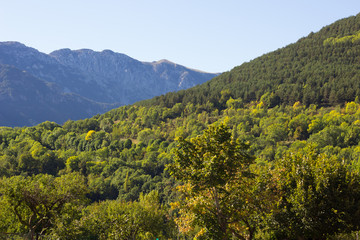 Fototapeta na wymiar Paisajes del pirineo Aragonés, España, muy cerca de la frontera con Francia en la época del inicio del otoño.