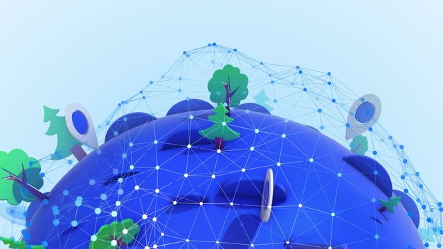 Simple 3d rendering of world map with pins and trees on a light blue background. Some space for a text. Loopable.