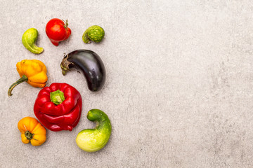 Trendy ugly organic vegetables. Assortment of fresh pepper, eggplant, cucumber, tomato, pumpkin