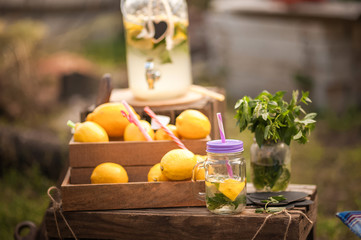 Wooden lemonade stand in park. outdoor homemade lemonade stand with a sign and  a small business or money concept. In the park on the green lawn a wooden counter with a lemonade. An adorable summer le