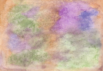 Hand-painted watercolor background. Multi-colored colorful picture with grains, spots, stains, color transitions. The main colors are purple, green, brown